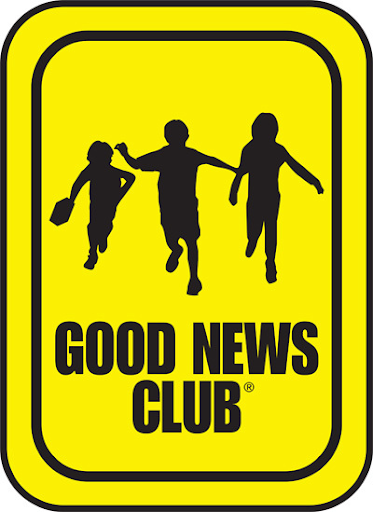 Good News Club Logo. Yellow background with silhouettes of children playing. 